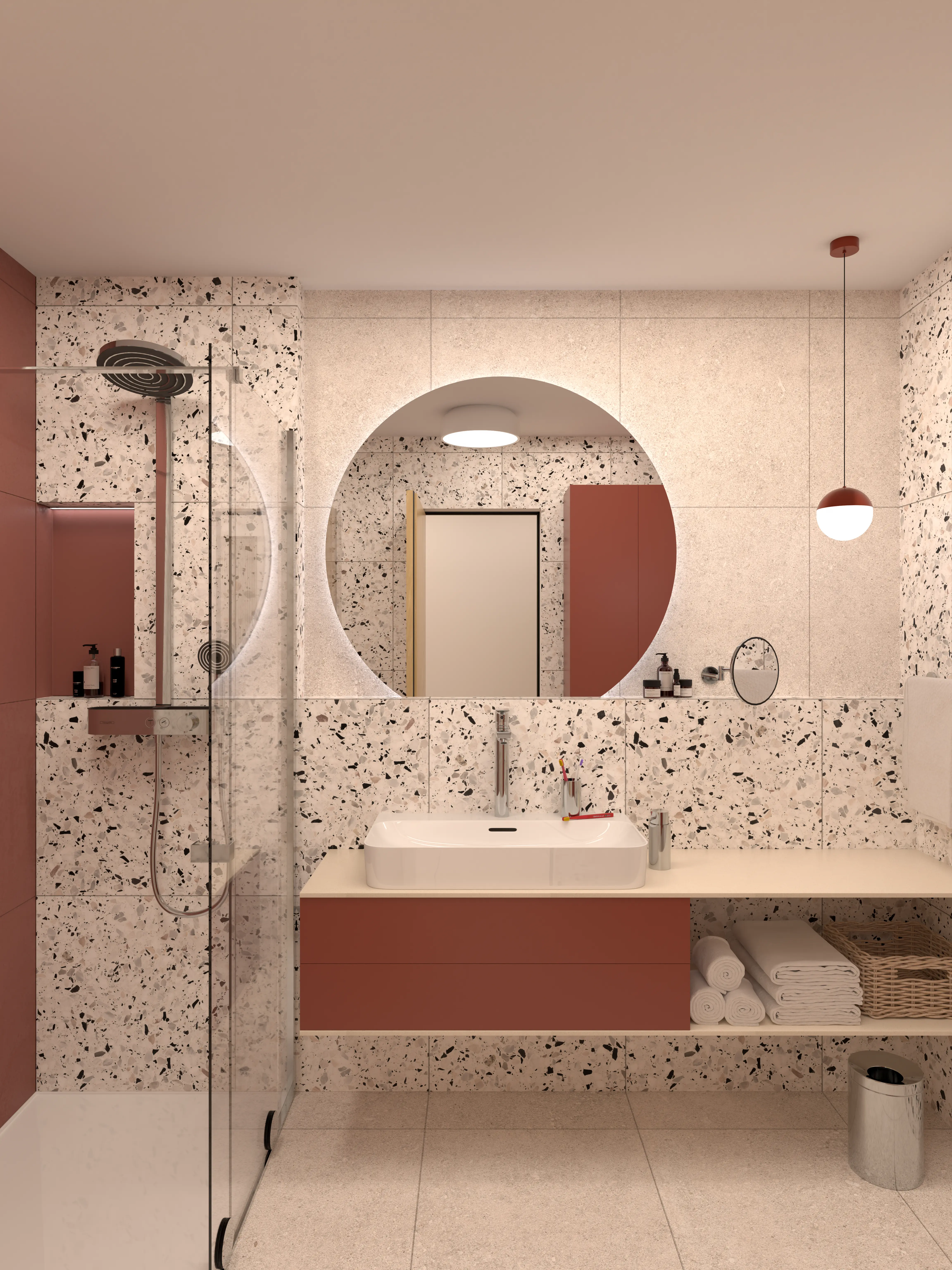 Koupelna moderního bytu 2+KK – interiérová vizualizace