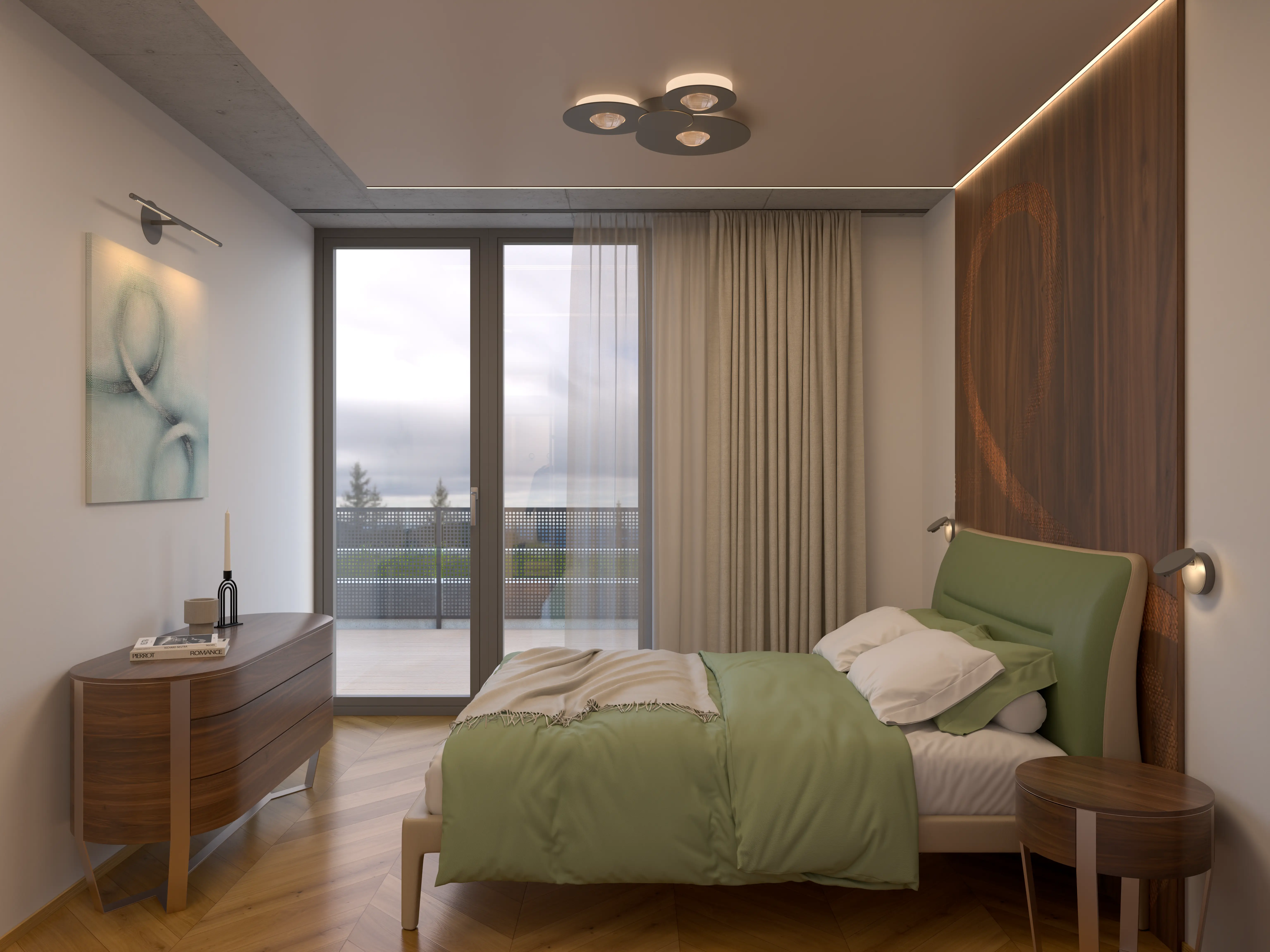 Ložnice moderního bytu 3+KK – interiérová vizualizace