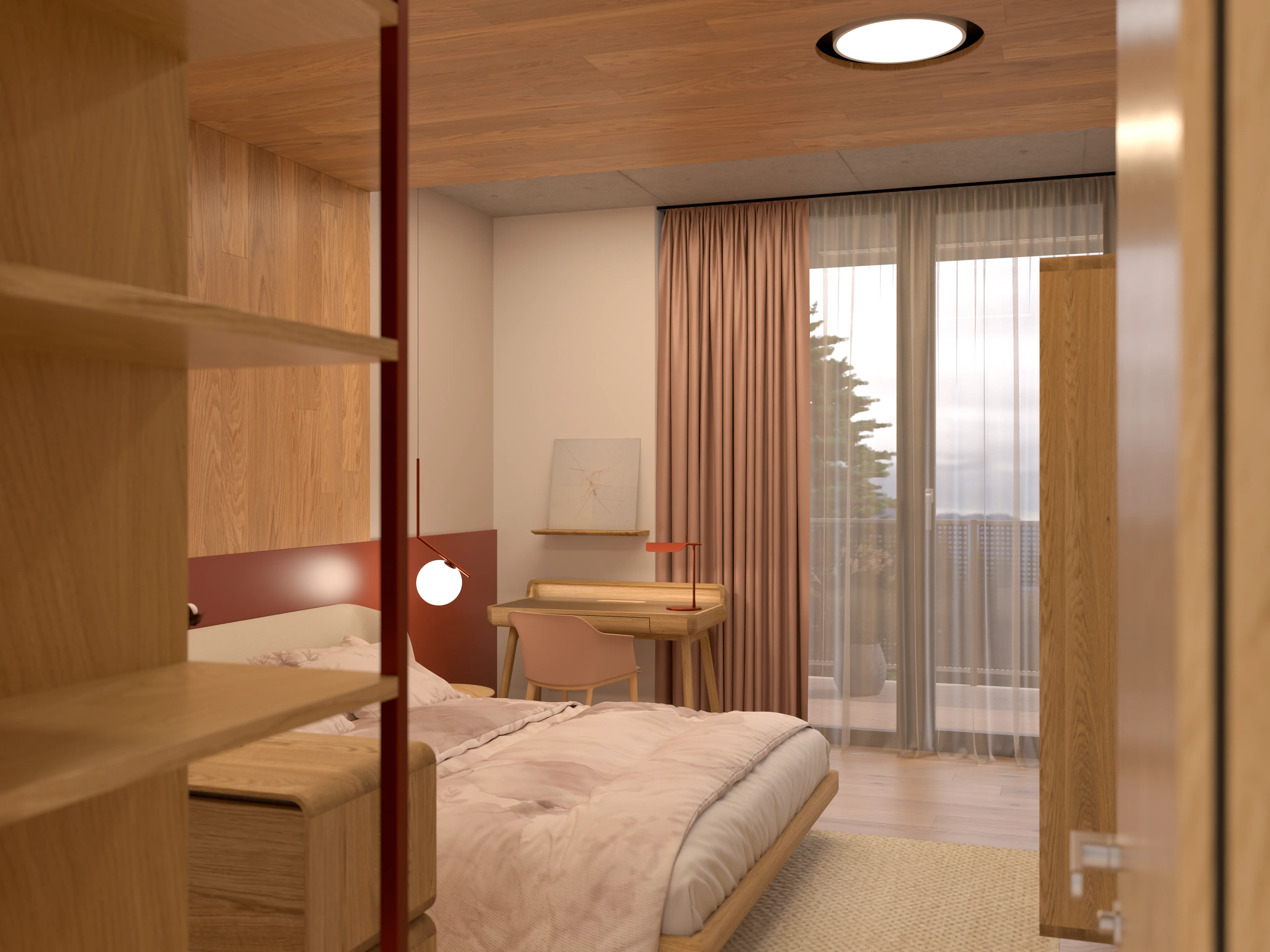 Ložnice v moderním bytě 2+KK – interiérová vizualizace